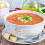 Cold tomato soup gazpacho in a bowl with croutons