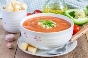 Cold tomato soup gazpacho in a bowl with croutons